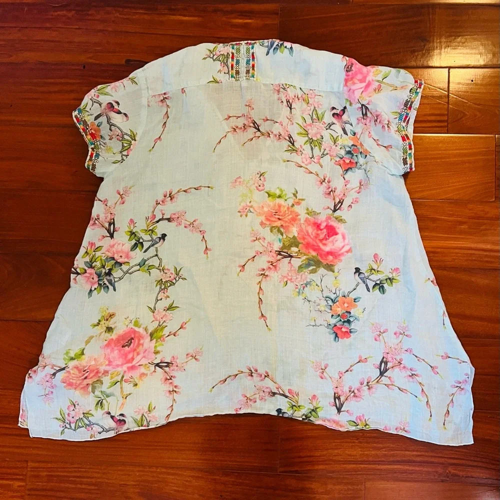 Johnny Was Light Blue Floral V-Neck Blouse - Picture 5 of 10